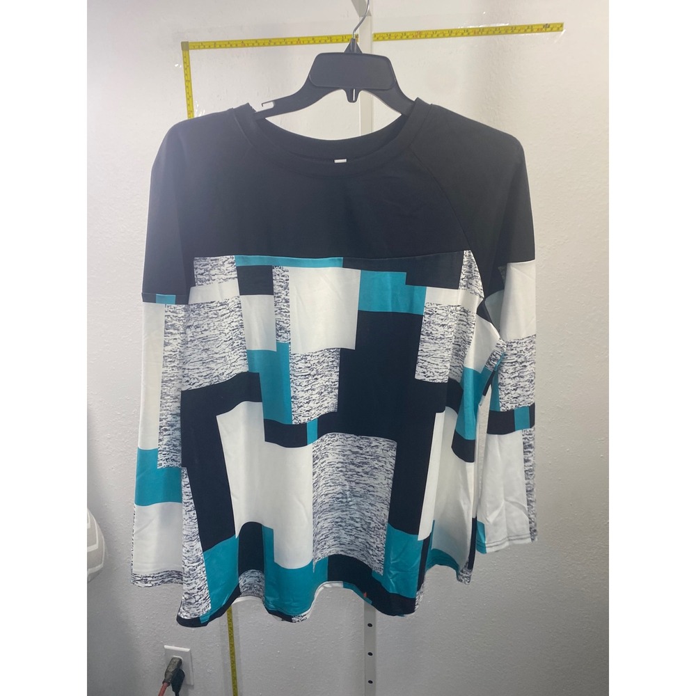 Geometric Colorblock Long Sleeve Top Teal Black White XXL Raglan‎ Crewneck